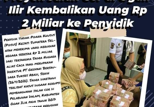 Direktur PT Geovani Bersaudara Sukses Abadi Kembalikan Uang Kerugian Negara 2 Miliar